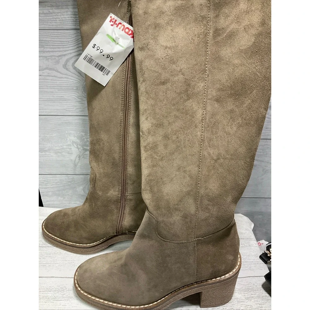 Rizzoli‎ Italian Women's Taupe Suede Knee High Boots Chunky Heel Side Zip Sz 6